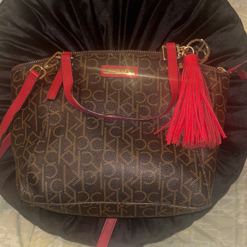 Calvin Klein Monogram Shoulder Bag in Brown and Red